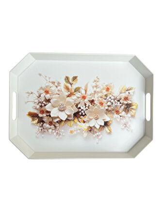 Çay Kahve Sunum Tepsisi, Beyaz Renk, 8 Köşe, 1 Adet, 37x27 cm