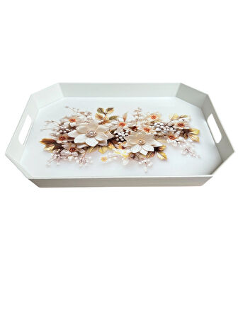 Çay Kahve Sunum Tepsisi, Beyaz Renk, 8 Köşe, 1 Adet, 37x27 cm