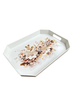 Çay Kahve Sunum Tepsisi, Beyaz Renk, 8 Köşe, 1 Adet, 37x27 cm