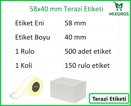 40x58 mm Termal Terazi Etiketi 1 Rulo: 500 Adet Etiket 1 Koli:150 Rulo Etiket