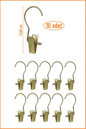 Metal Eşarp Askısı, Şal Askısı, Çok Amaçlı Mandallı Askı - 10 Adet - Gold