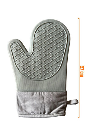 Fırın Eldiveni, Gri Renk, 27 cm, Dış Kaplama Silikon, İçi Pamuklu, 1 Adet