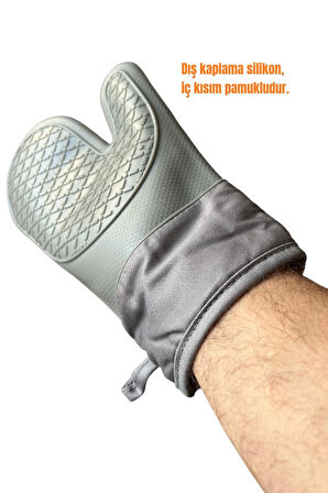 Fırın Eldiveni, Gri Renk, 27 cm, Dış Kaplama Silikon, İçi Pamuklu, 1 Adet