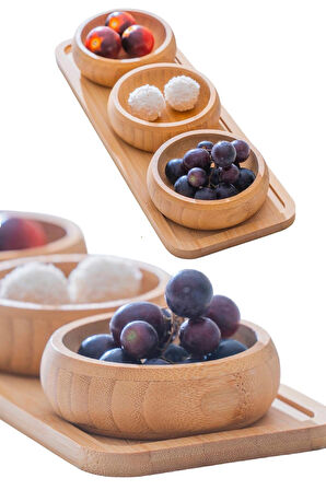 Standlı Bambu Çerezlik, 3'lü Çerezlik, İkramlık ve Sunumluk Seti Takımı, 9 cm Çap, 1 Set