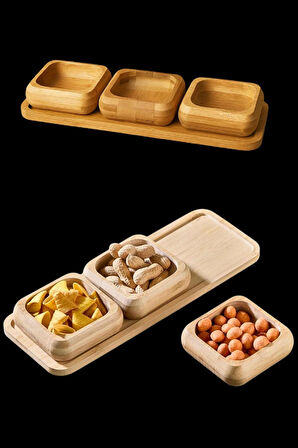 Standlı Bambu Çerezlik, 3'lü Kare Çerezlik, İkramlık ve Sunumluk Seti Takımı, 9 cm Çap, 1 Set
