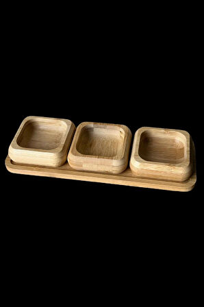 Standlı Bambu Çerezlik, 3'lü Kare Çerezlik, İkramlık ve Sunumluk Seti Takımı, 9 cm Çap, 1 Set
