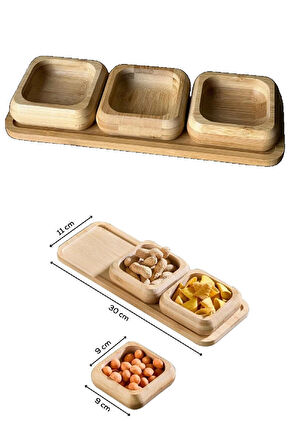 Standlı Bambu Çerezlik, 3'lü Kare Çerezlik, İkramlık ve Sunumluk Seti Takımı, 9 cm Çap, 1 Set