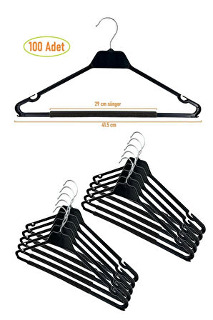 Kuru Temizleme Askısı, Elbise Askısı, Süngerli Bar, 42 cm Siyah Renk, 100 Adet