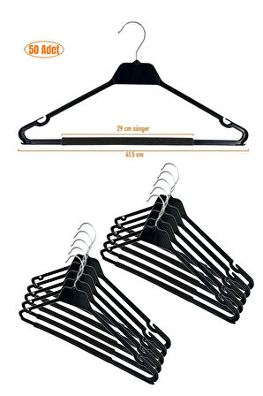 Kuru Temizleme Askısı, Elbise Askısı, Süngerli Bar, 42 cm Siyah Renk, 50 Adet