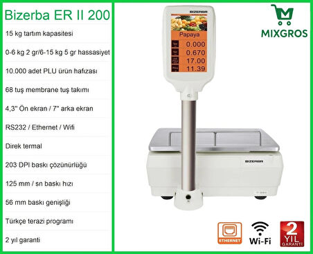 Bizerba ERII 200 Etiketli Barkodlu Terazi 15 KG Wifi