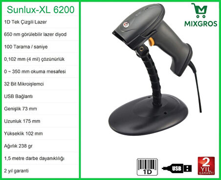Sunlux XL-6200 Lazer El Barkod Okuyucu 1D