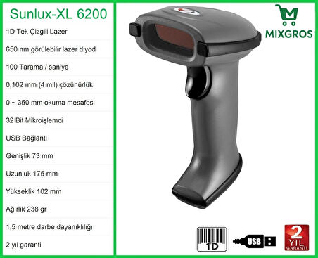 Sunlux XL-6200 Lazer El Barkod Okuyucu 1D