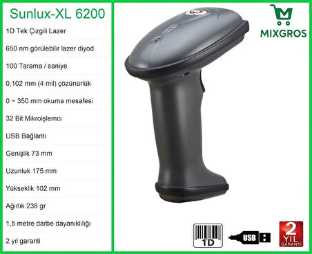 Sunlux XL-6200 Lazer El Barkod Okuyucu 1D