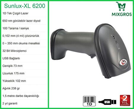 Sunlux XL-6200 Lazer El Barkod Okuyucu 1D