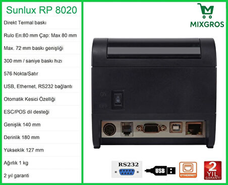 Sunlux RP8020 Termal Adisyon Fiş Rulosu Yazıcısı