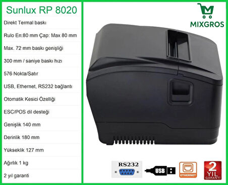 Sunlux RP8020 Termal Adisyon Fiş Rulosu Yazıcısı