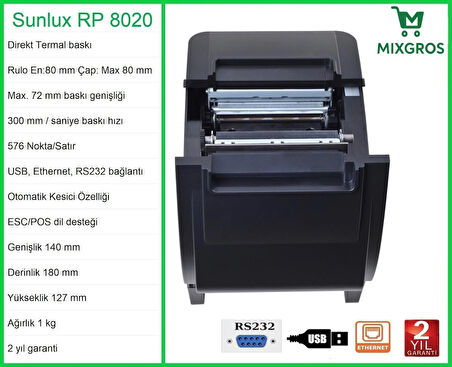 Sunlux RP8020 Termal Adisyon Fiş Rulosu Yazıcısı