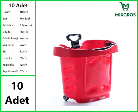 Tekerlekli Plastik Market Alışveriş El Sepeti 40 Litre Kırmızı 10 Adet