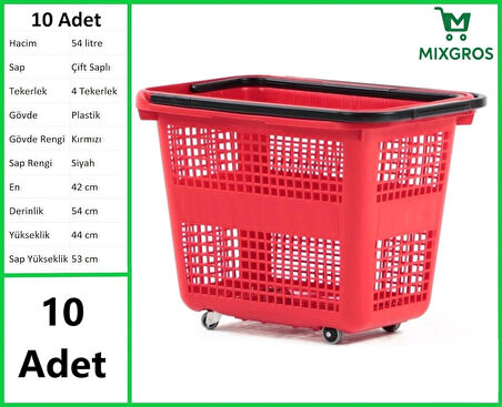 Tekerlekli Plastik Market Alışveriş El Sepeti 54 Litre Kırmızı 10 Adet