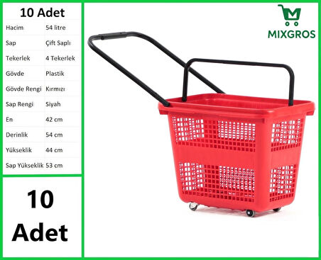 Tekerlekli Plastik Market Alışveriş El Sepeti 54 Litre Kırmızı 10 Adet