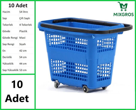 Tekerlekli Plastik Market Alışveriş El Sepeti 54 Litre Mavi 10 Adet