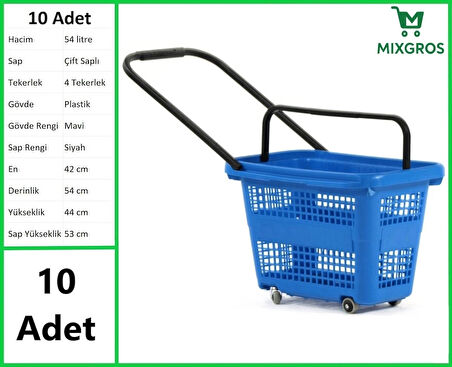 Tekerlekli Plastik Market Alışveriş El Sepeti 54 Litre Mavi 10 Adet