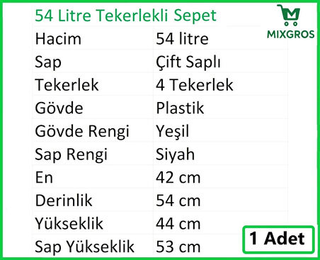 Tekerlekli Plastik Market Alışveriş El Sepeti 54 Litre Yeşil 1 Adet