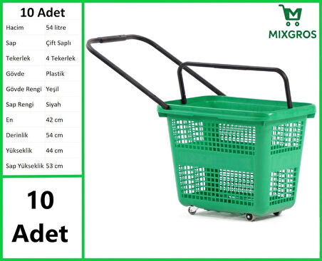 Tekerlekli Plastik Market Alışveriş El Sepeti 54 Litre Yeşil 10 Adet