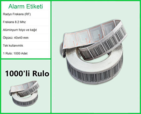 4x4 cm Barkodlu Alarm Etiketi RF Radyo Frekans 1 Rulo: 1000 Adet