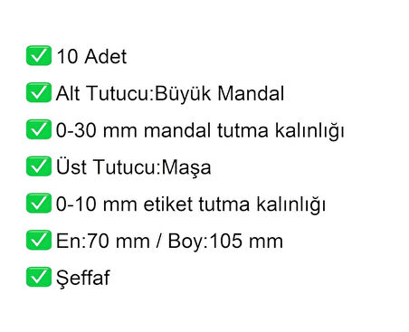 Etiket Tutucu / Maşalı / Büyük Mandal / Şeffaf / 70x105 mm / 10 Adet