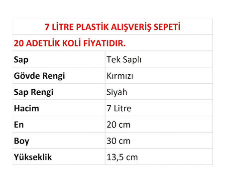 Plastik Kozmetik Alışveriş El Sepeti 7 Litre Kırmızı 20 Adet