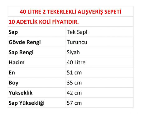 Tekerlekli Plastik Market Alışveriş El Sepeti 40 Litre Turuncu 10 Adet