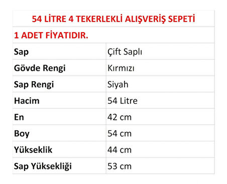 Tekerlekli Plastik Market Alışveriş El Sepeti 54 Litre Kırmızı 1 Adet