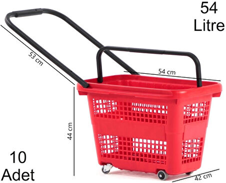 Tekerlekli Plastik Market Alışveriş El Sepeti 54 Litre Kırmızı 10 Adet