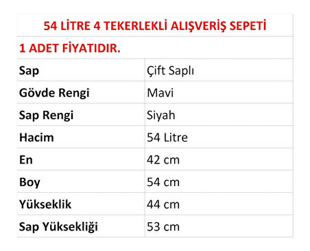 Tekerlekli Plastik Market Alışveriş El Sepeti 54 Litre Mavi 1 Adet