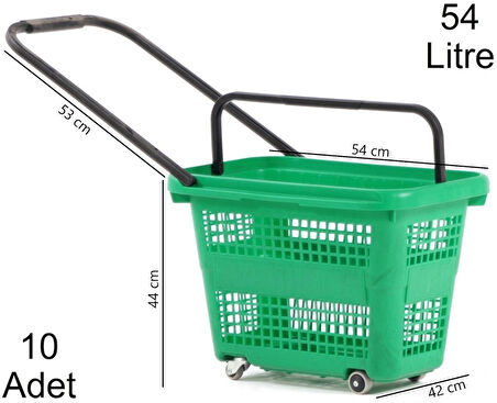 Tekerlekli Plastik Market Alışveriş El Sepeti 54 Litre Yeşil 10 Adet