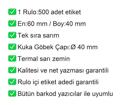 40x60 Termal Eczane Etiketi Sarı Zemin 1 Rulo:500 Adet Etiket