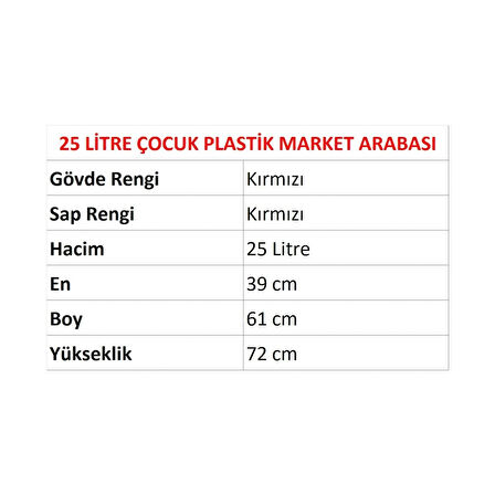 Kartal Plastik Çocuk Market Alışveriş Arabası 25 Litre Kırmızı
