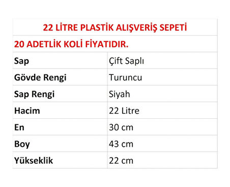 Plastik Market Alışveriş El Sepeti 22 Litre Turuncu 20 Adet