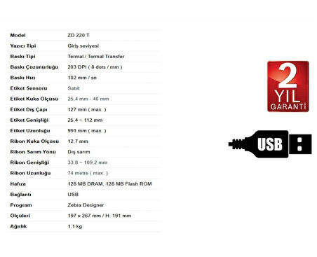 Zebra ZD 220 T Termal Etiket Barkod Yazıcı