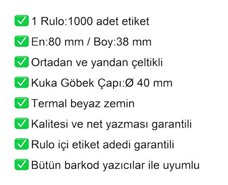 80x38 mm Karton Termal Raf Reyon Etiketi 1 Rulo:1000 Adet Etiket