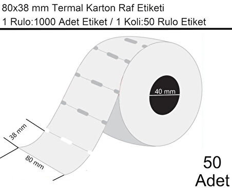 80x38 mm Karton Termal Raf Reyon Etiketi 1 Rulo:1000 Adet Etiket 1 Koli:50 Rulo Etiket