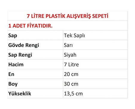Plastik Kozmetik Alışveriş El Sepeti 7 Litre Sarı 1 Adet