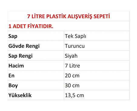 Plastik Kozmetik Alışveriş El Sepeti 7 Litre Turuncu 1 Adet
