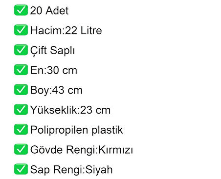 Plastik Market Alışveriş El Sepeti 22 Litre Kırmızı 20 Adet