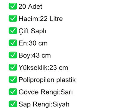 Plastik Market Alışveriş El Sepeti 22 Litre Sarı 20 Adet