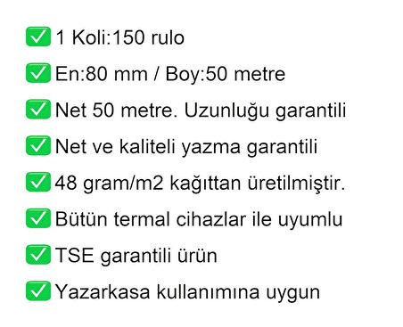 80x50 Metre Termal Yazarkasa ve Adisyon Rulosu 150 Adet