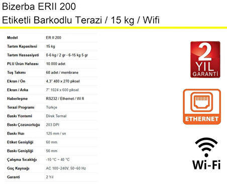 Bizerba ERII 200 Etiketli Barkodlu Terazi 15 KG Wifi