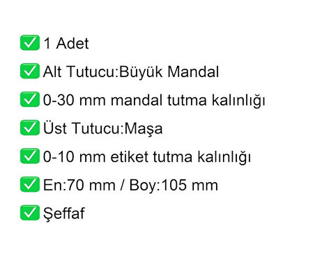 Etiket Tutucu / Maşalı / Büyük Mandal / Şeffaf / 70x105 mm / 1 Adet