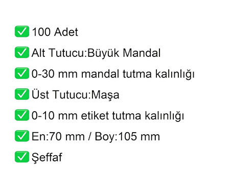 Etiket Tutucu / Maşalı / Büyük Mandal / Şeffaf / 70x105 mm / 100 Adet